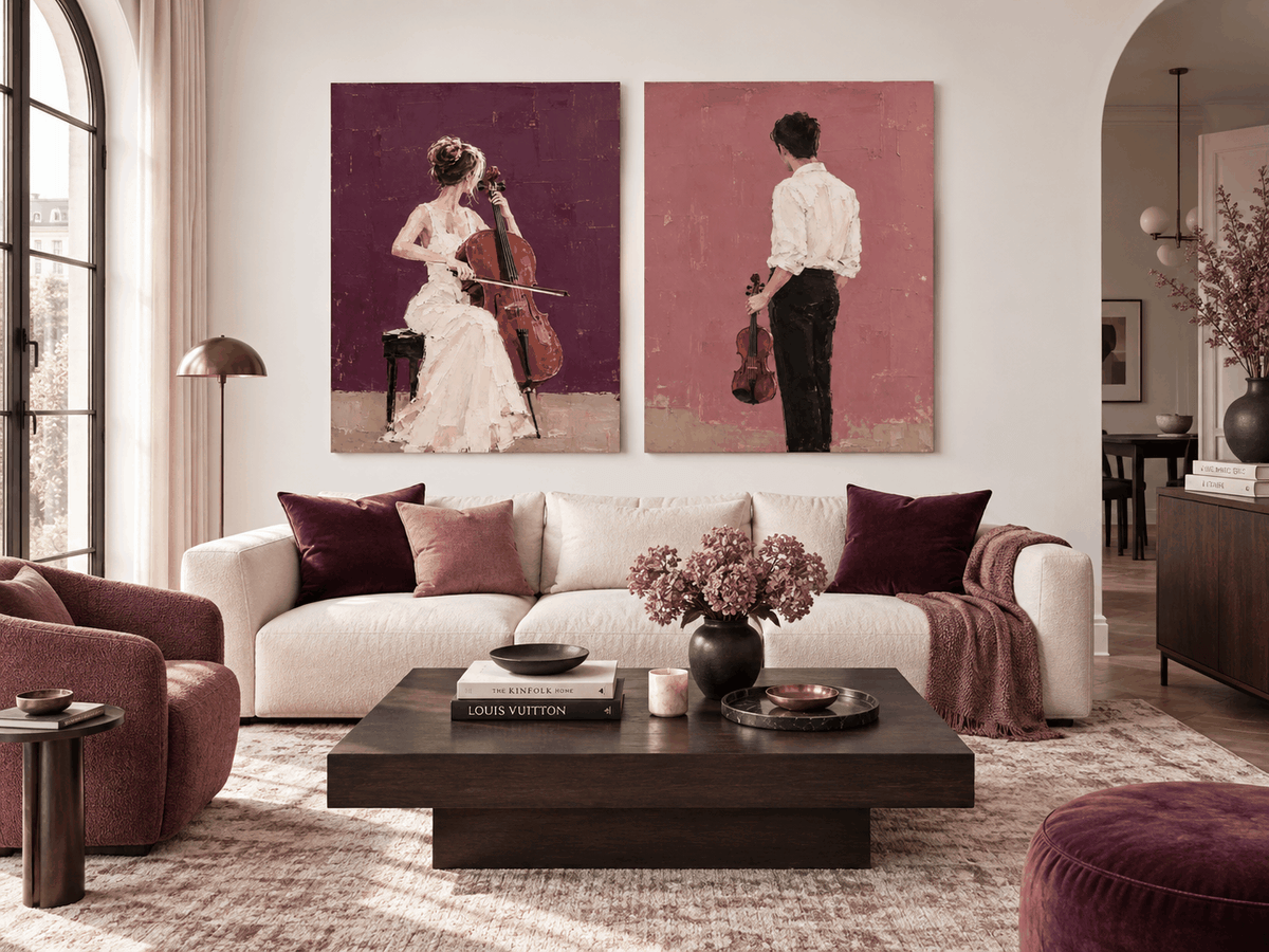 Hand-Painted Music Couple Art With Cello And Violin On Canvas