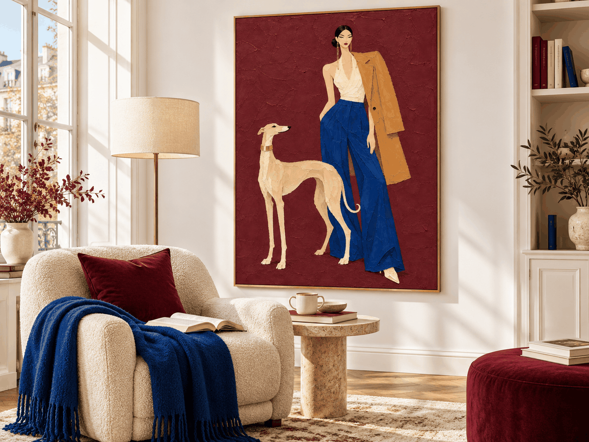 Fashion Woman And Greyhound Dog Canvas Painting In Burgundy Red