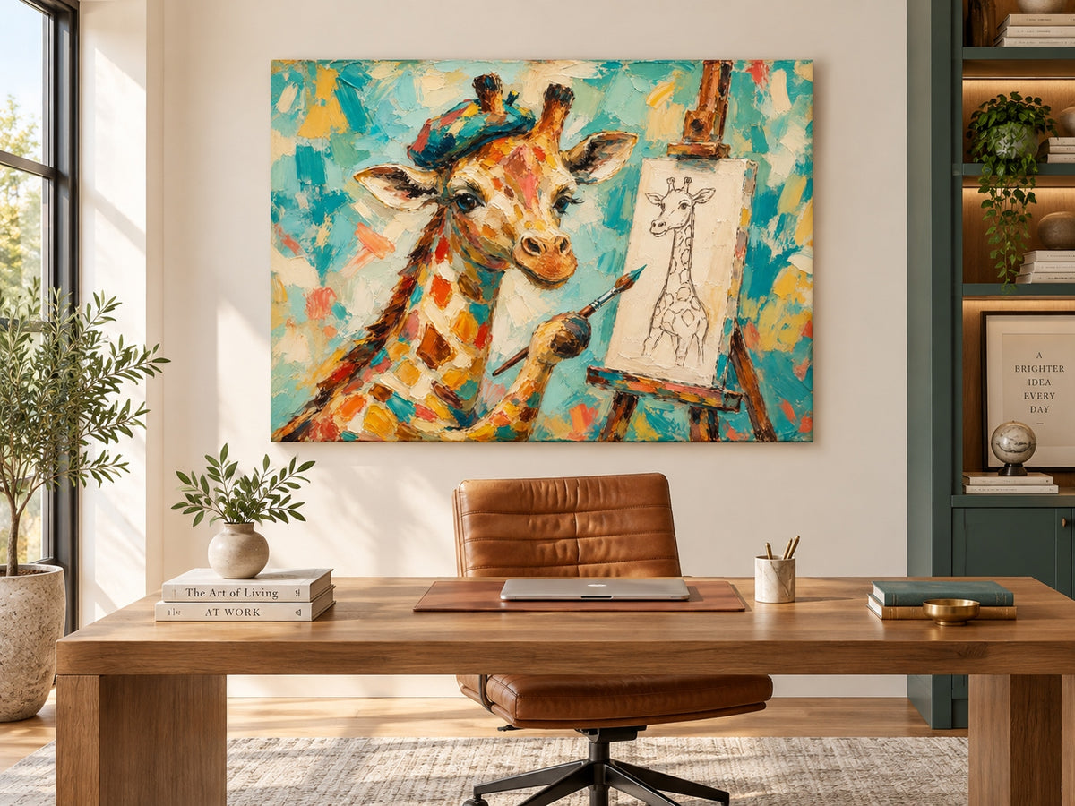 Hand-Painted Giraffe Artist Canvas Painting With Beret And Easel