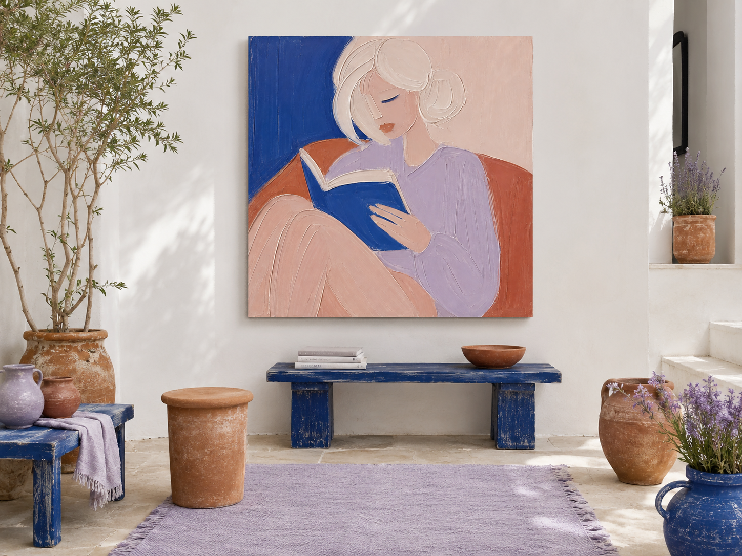 Modern Minimalist Abstract Art Painting Of Woman Reading In Blue And Purple Tones For Living Room Decor