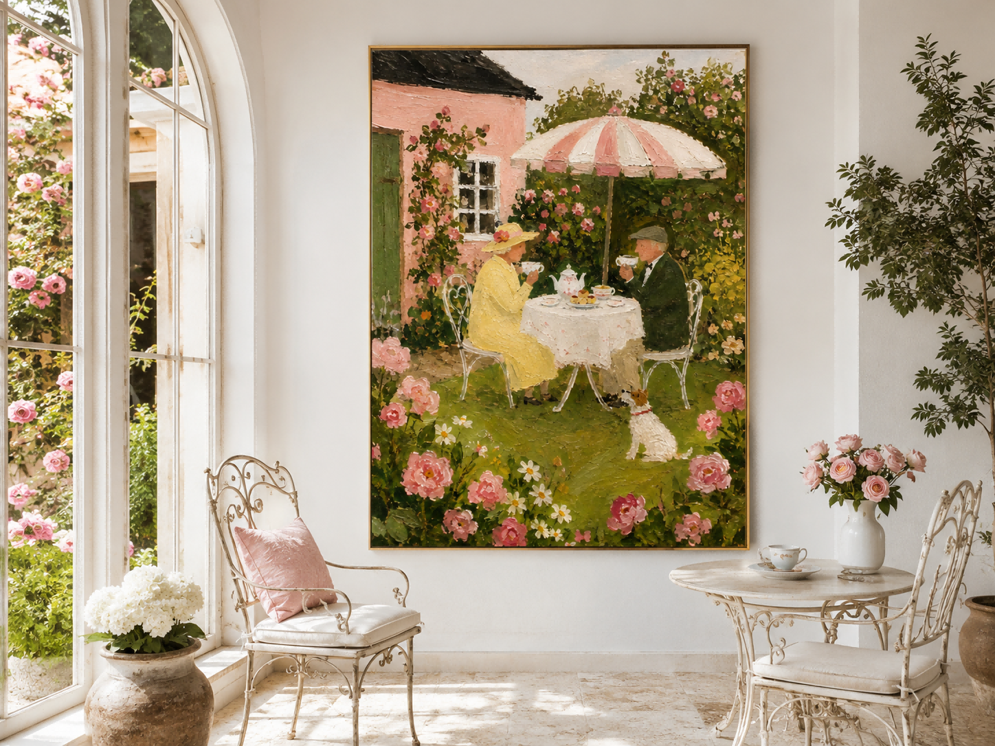 Vintage Romantic Oil Style Wall Art With Pink Roses And Tea Time Atmosphere