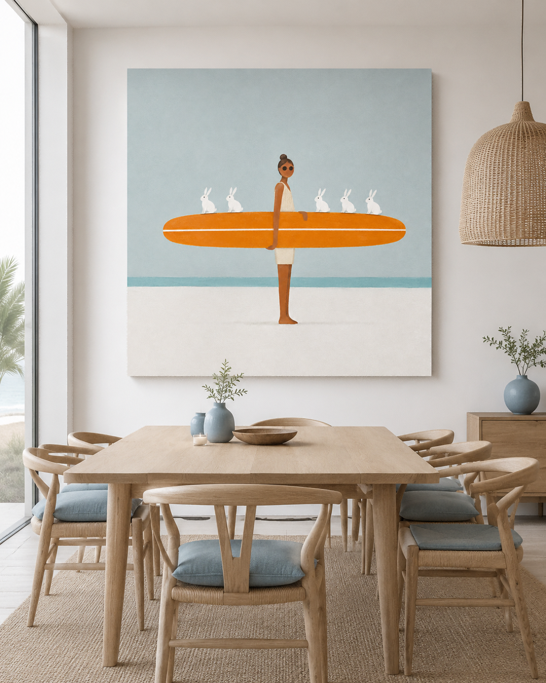 Hand-Painted Surfboard And Bunnies Abstract Canvas Art With Orange Accents