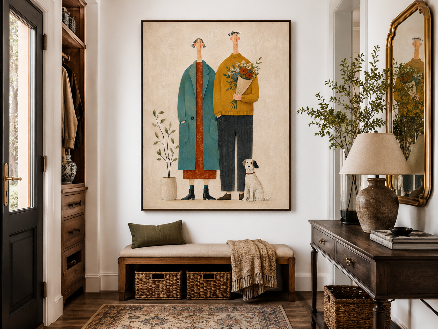 Charming Naive Art Couple Portrait With Dog For Modern Vintage Home Decor