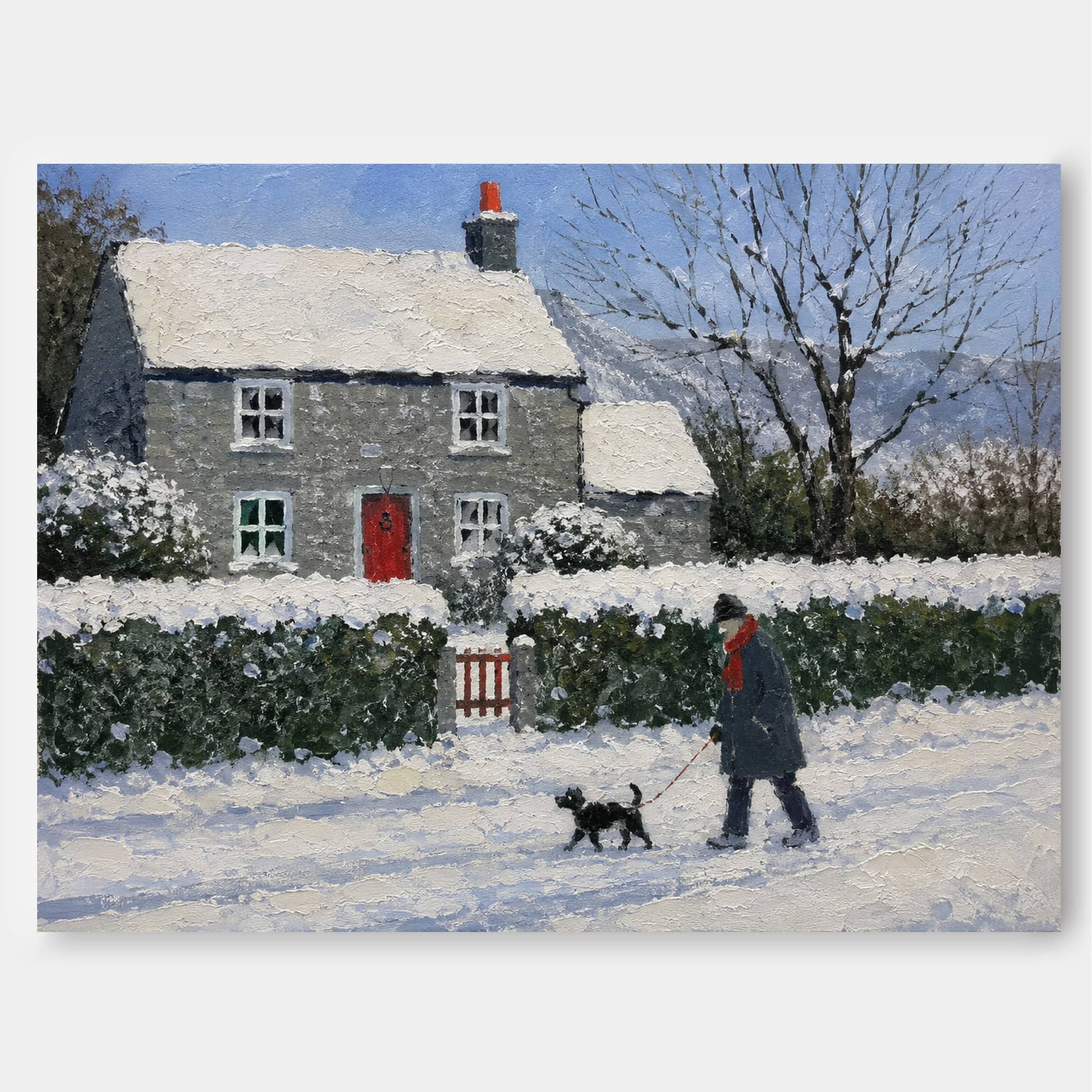 Traditional Realist Snowy Village Painting With Textured Brushwork On Canvas