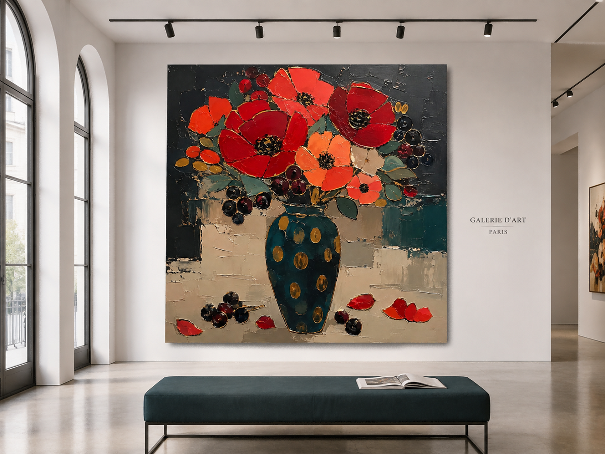 Hand-Painted Red Poppies And Teal Vase Abstract Floral Canvas Art With Gold Accents Abstract Expressionist Red Flower Painting With Impasto Technique And Vintage Charm