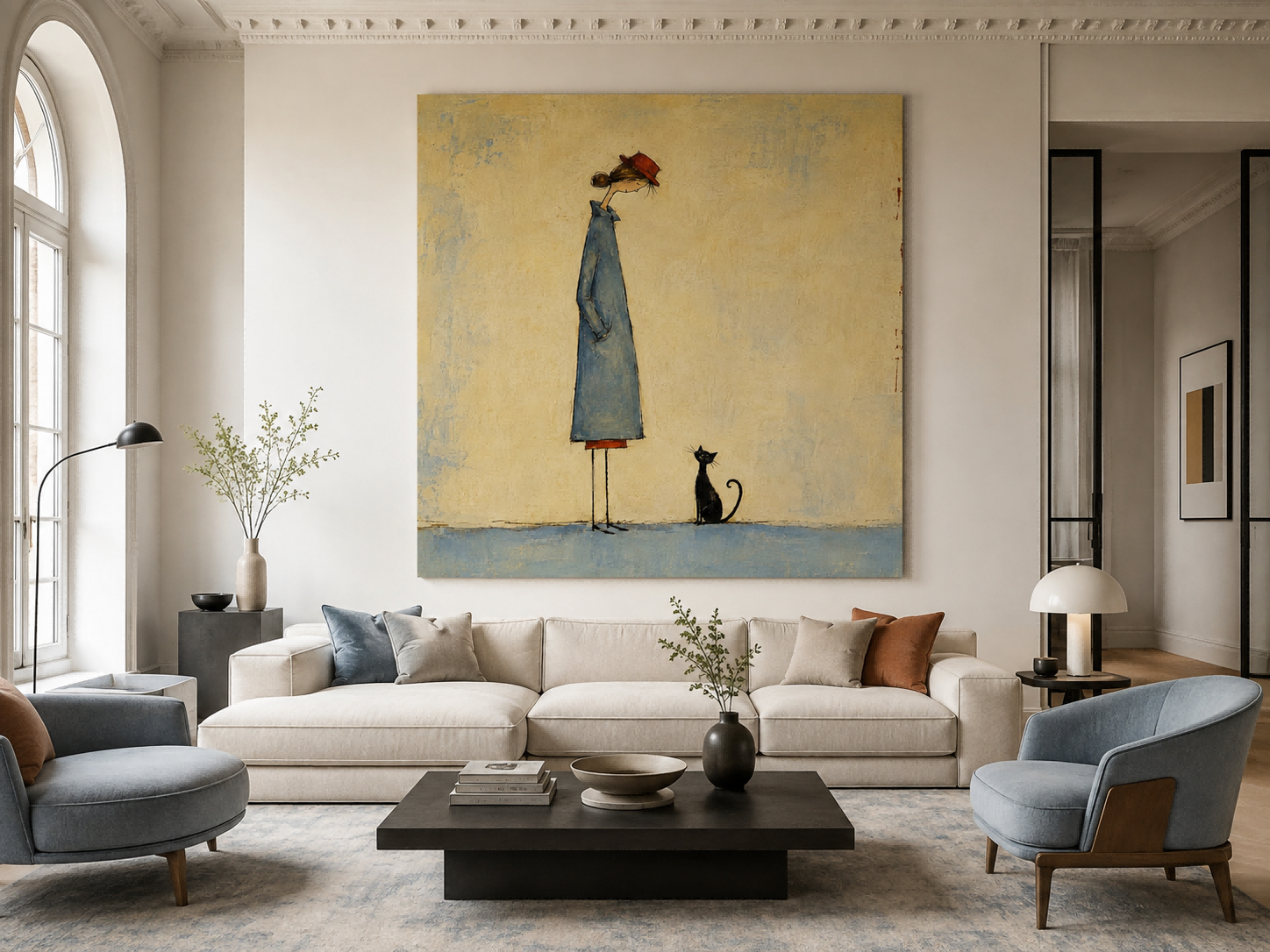 Minimalist Illustration Art Print Featuring Girl And Cat Companion