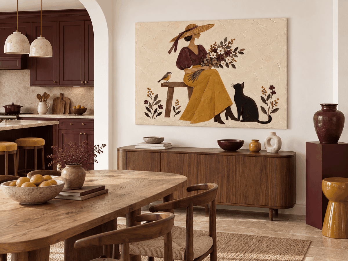 Lady With Flowers And Cat Hand-Painted Canvas Wall Art In Vintage Style