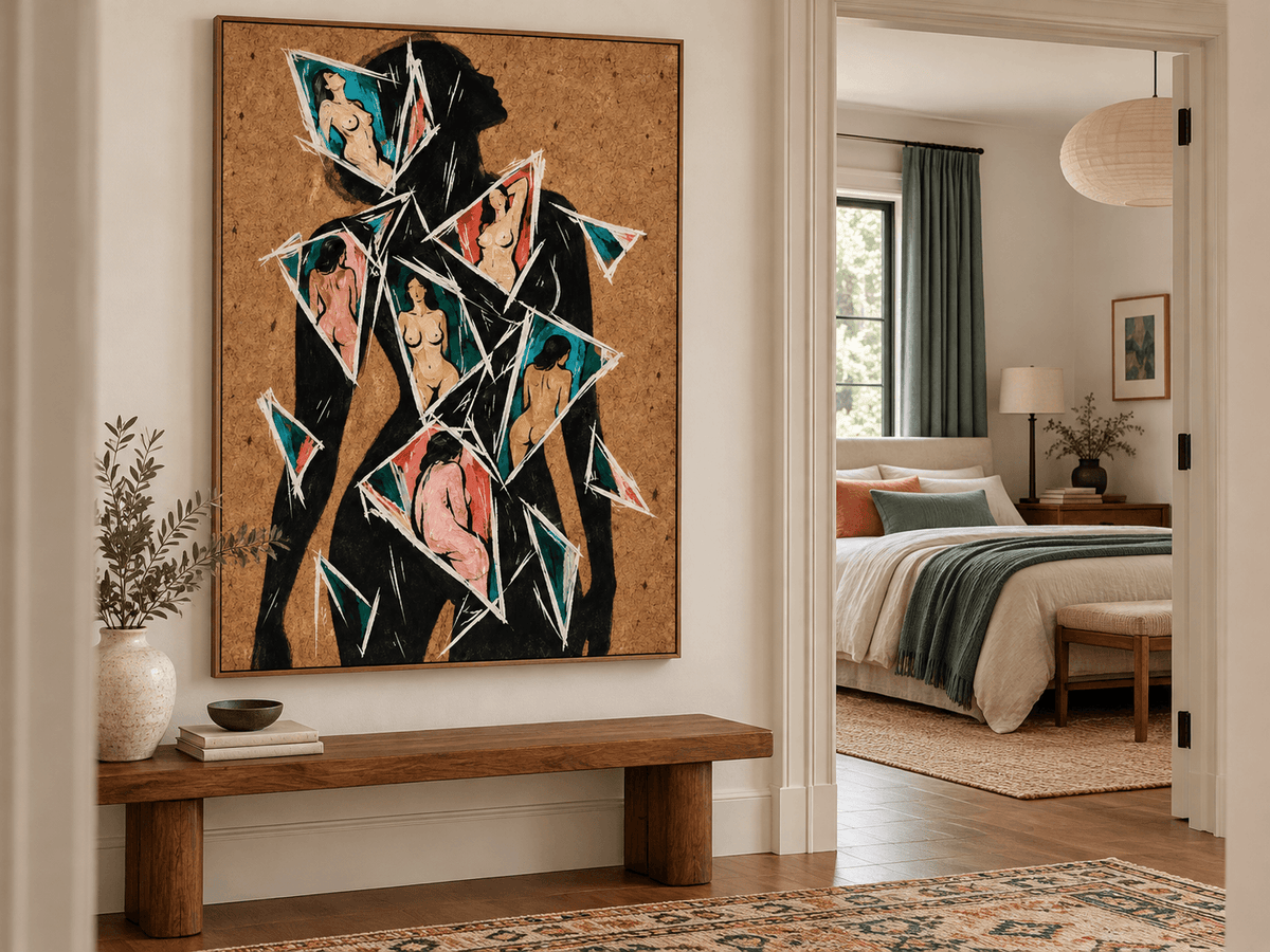 Abstract Female Silhouette Hand-Painted Canvas Art With Fragmented Nude Figures In Teal And Pink