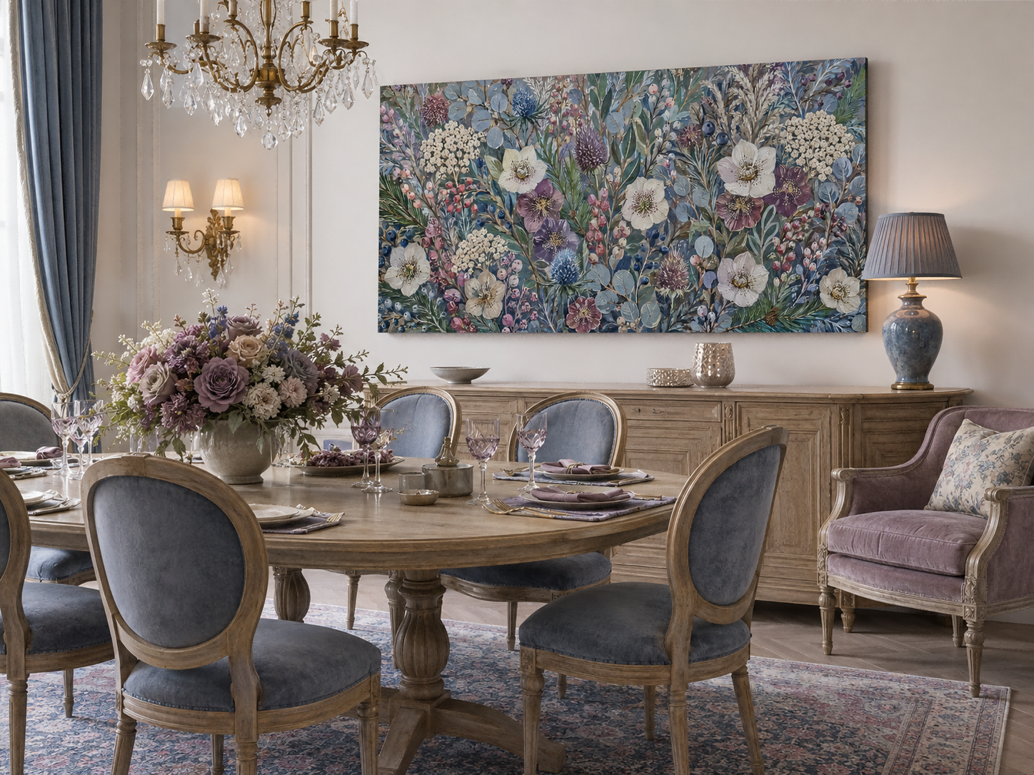 Vintage Blue Floral Oil Painting Textured Art For Elegant Living Room Decor