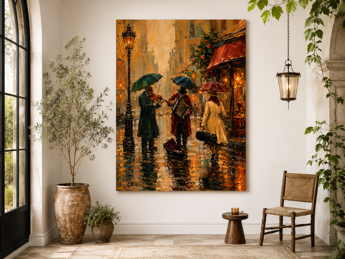 Rainy Street Musicians Oil Painting Vintage City Life Wall Art Decor For Living Room