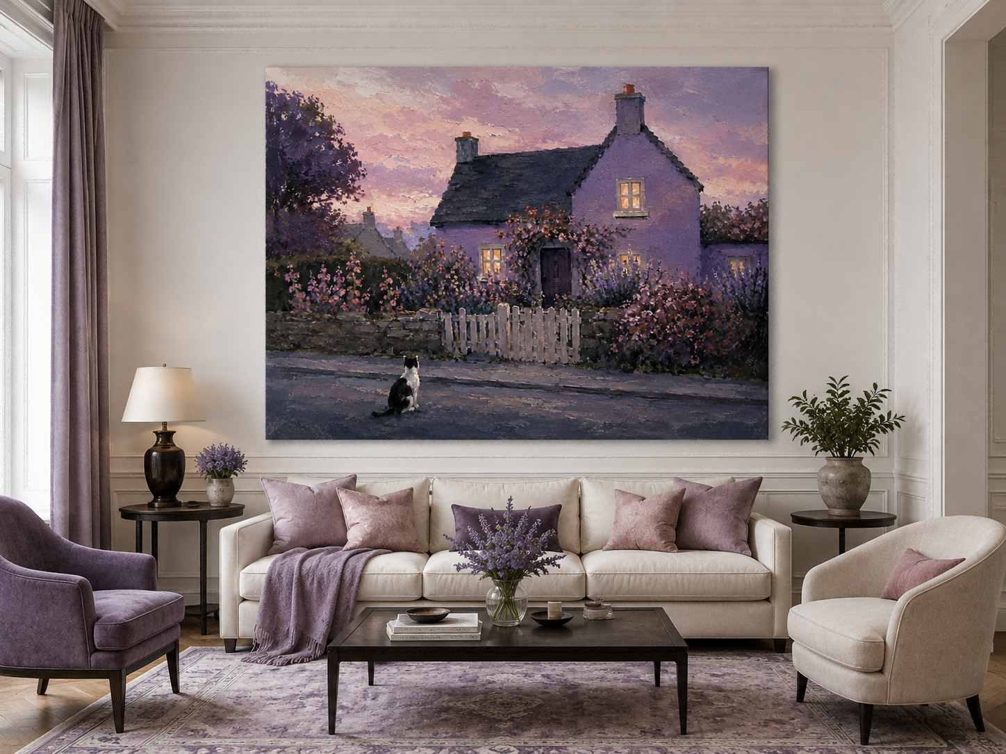 Pastoral Romantic Oil Style Art Purple House And Flowers