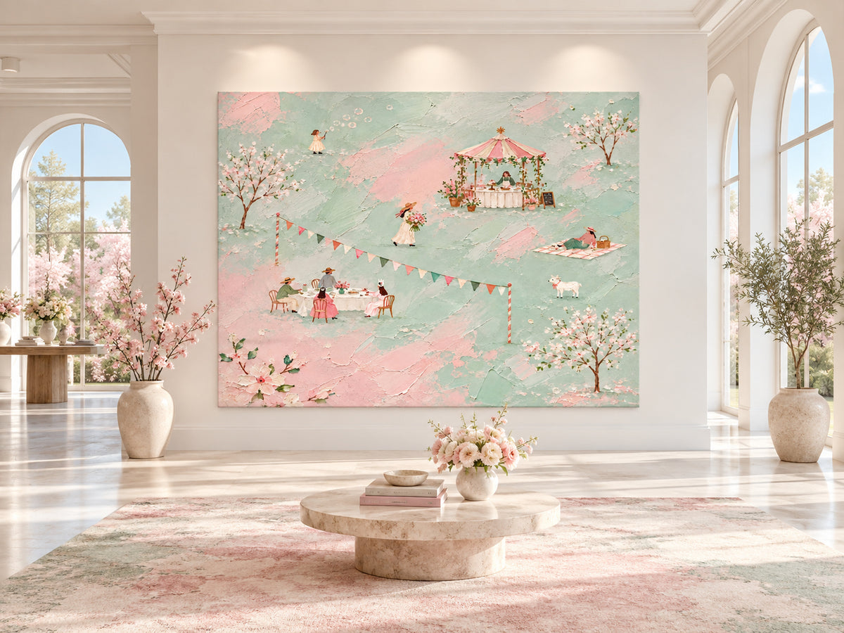 Spring Picnic Scene Hand-Painted Canvas Art With Floral Garden