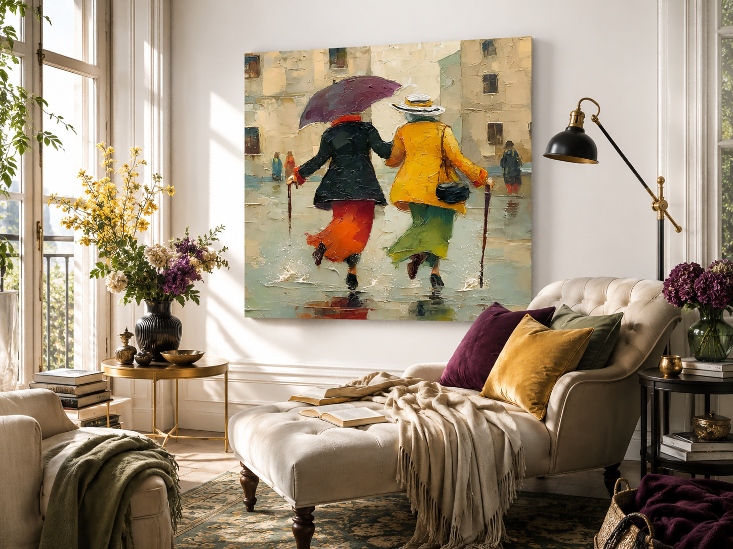 Vintage Style Canvas Art Depicting Joyful Friendship And Rainy Day City Life Square Wall Decor