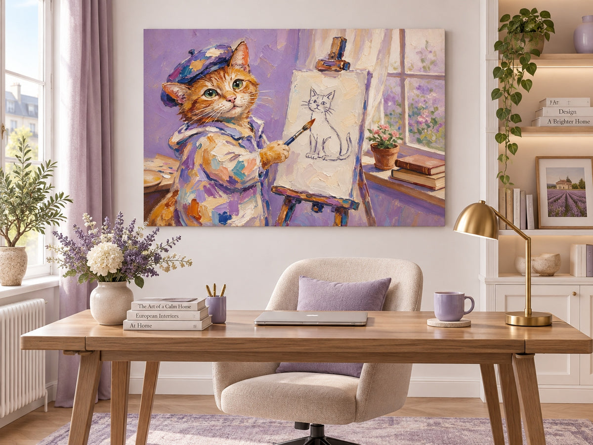 Hand-Painted Orange Cat Artist Canvas Painting With Beret And Easel