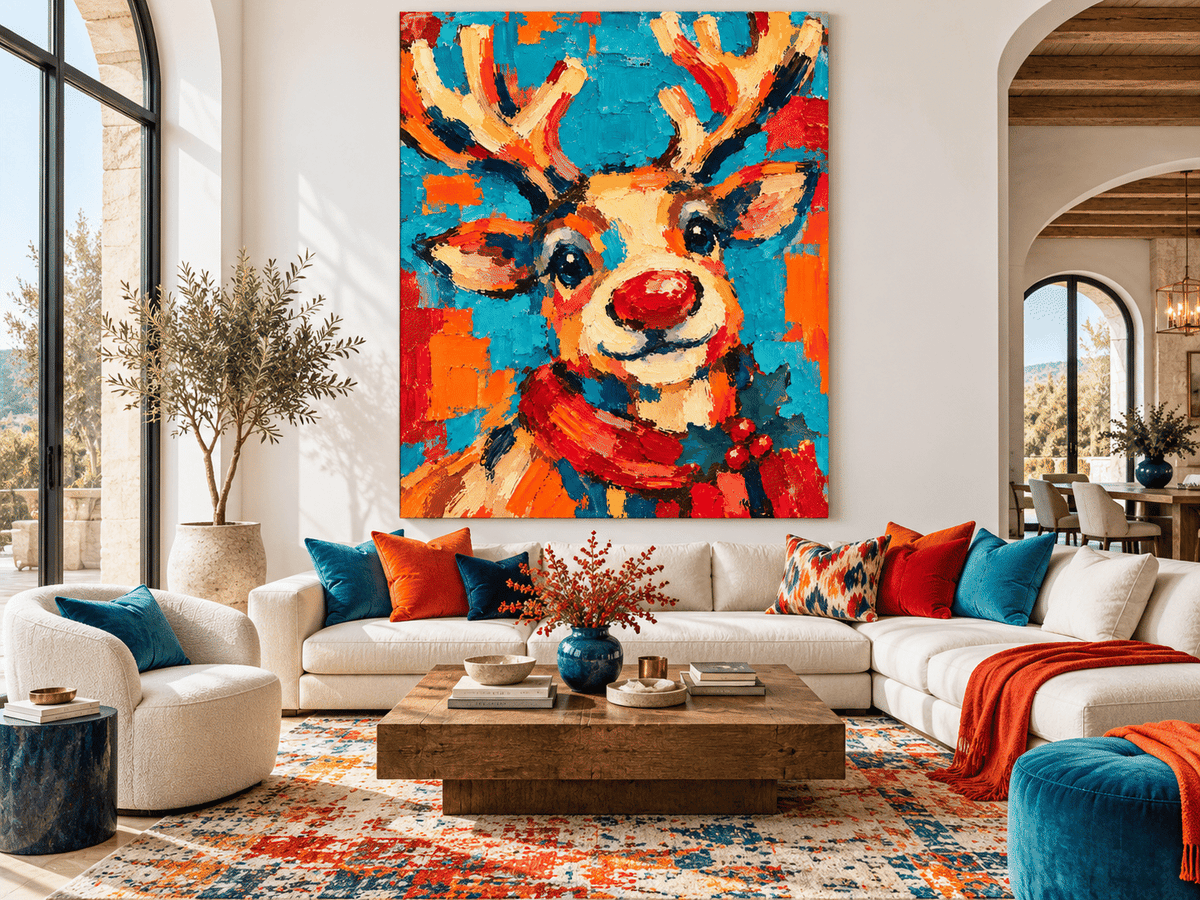 Hand-Painted Reindeer Canvas Art With Red Nose And Holiday Scarf Festive Holiday Wall Art For Living Room Modern Colorful Decor
