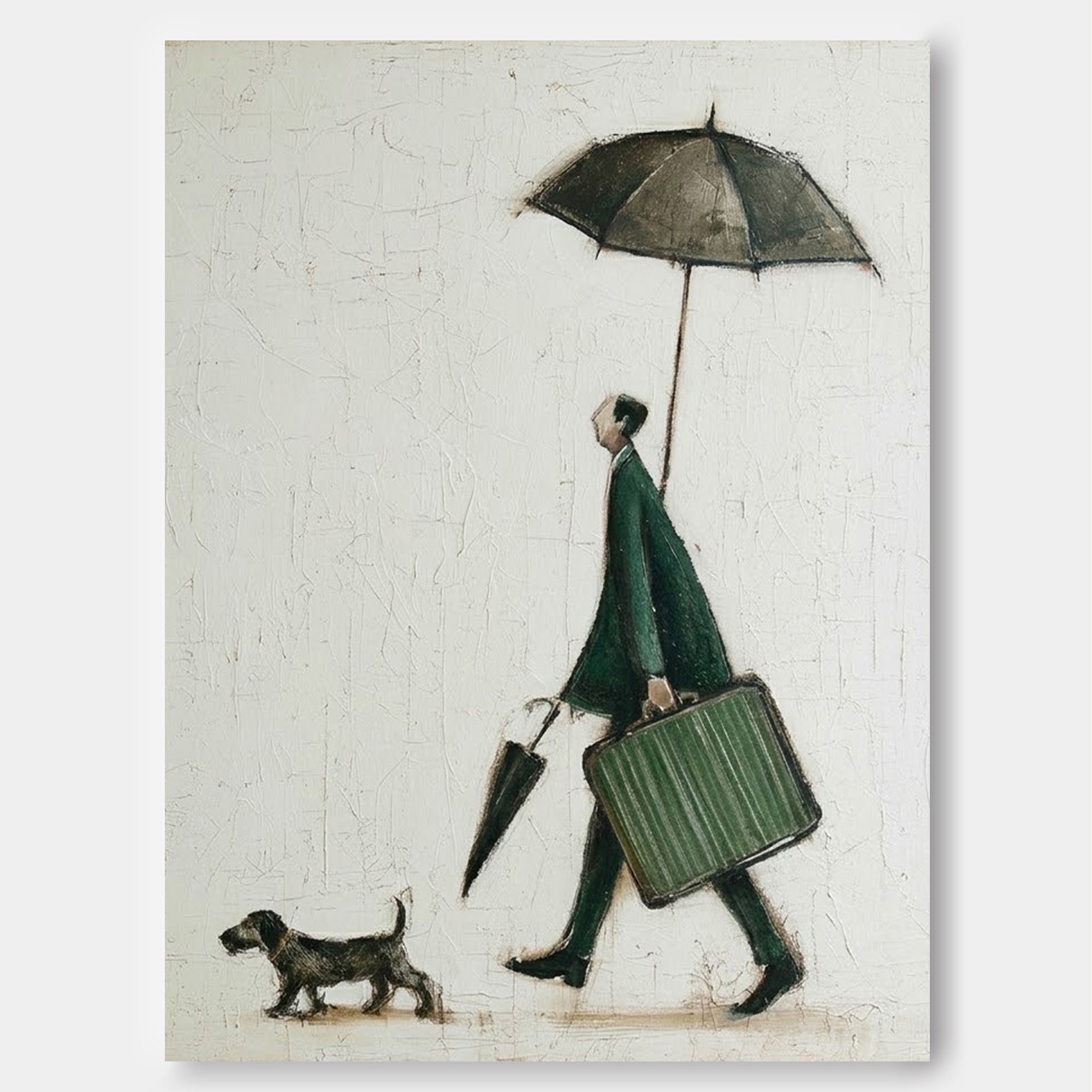 Minimalist Green Man With Dog Original Oil Painting On Linen Canvas For Modern Home Decor