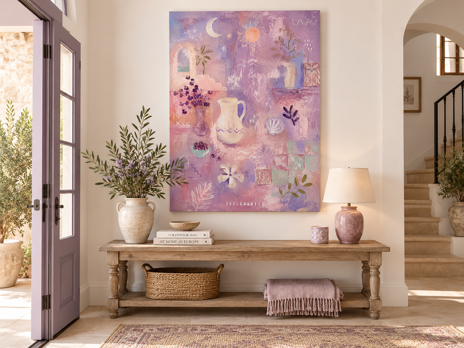 Romantic Vintage Geometric Abstract Painting In Soft Morandi Purple Tones