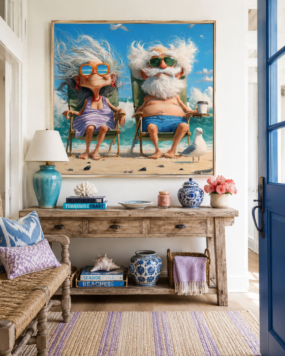 Quirky Modern Caricature Painting Of Seniors At Beach Great For Contemporary Wall Art Collections