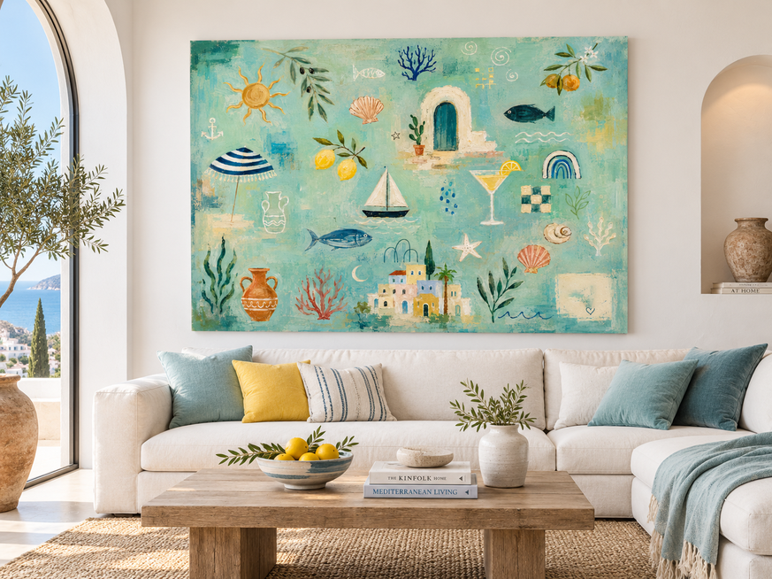 Modern Abstract Beach Decor Painting With Geometric And Organic Shapes
