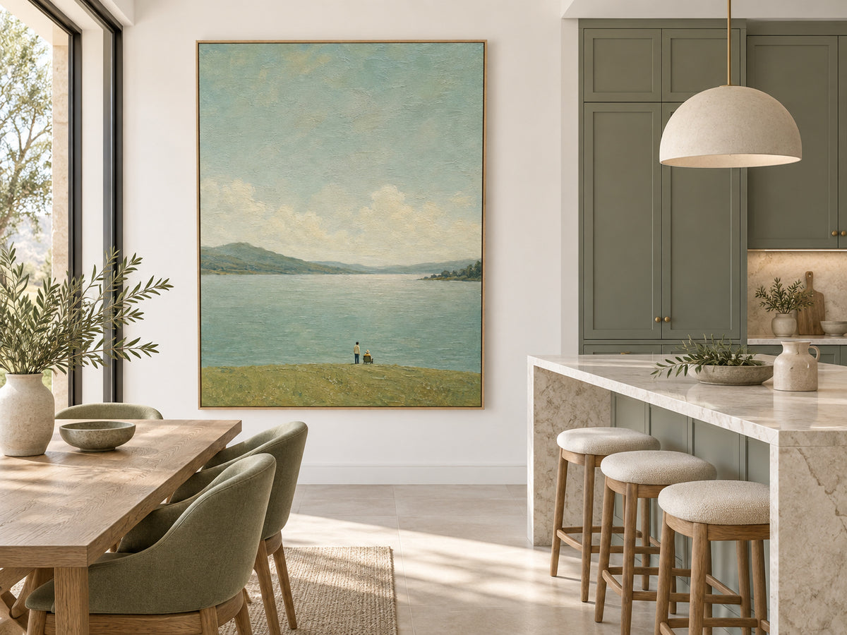 Serene Lakeside Couple Gazing At Distant Mountains Hand-Painted Canvas Art