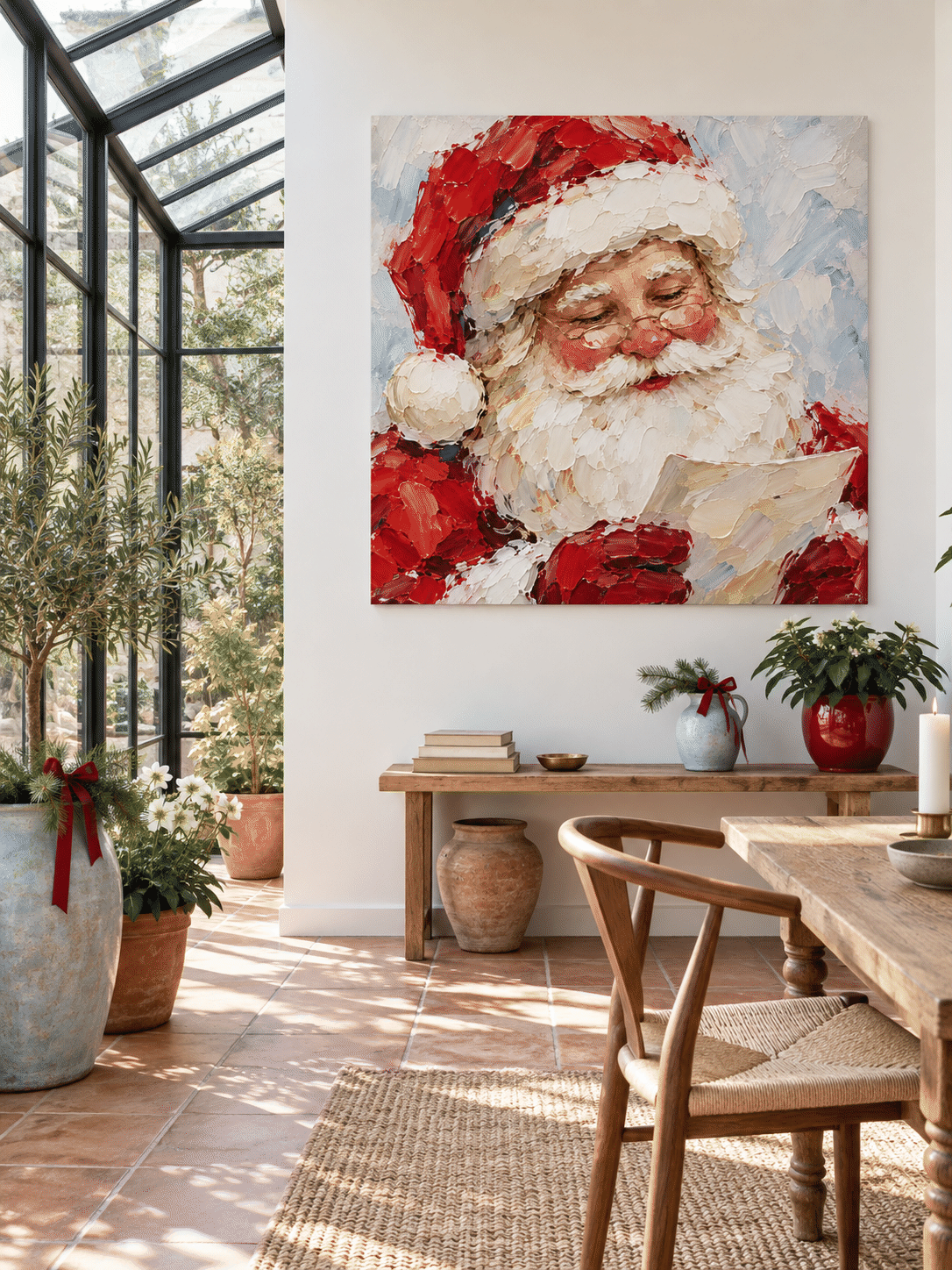 Modern Minimalist Santa Portrait Textured Oil Painting Holiday Gift Art