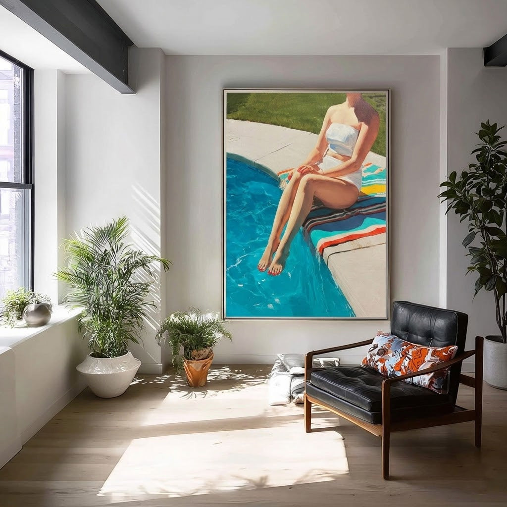 Poolside Figure Painting For Modern Home Decor With Vibrant Blue Tones