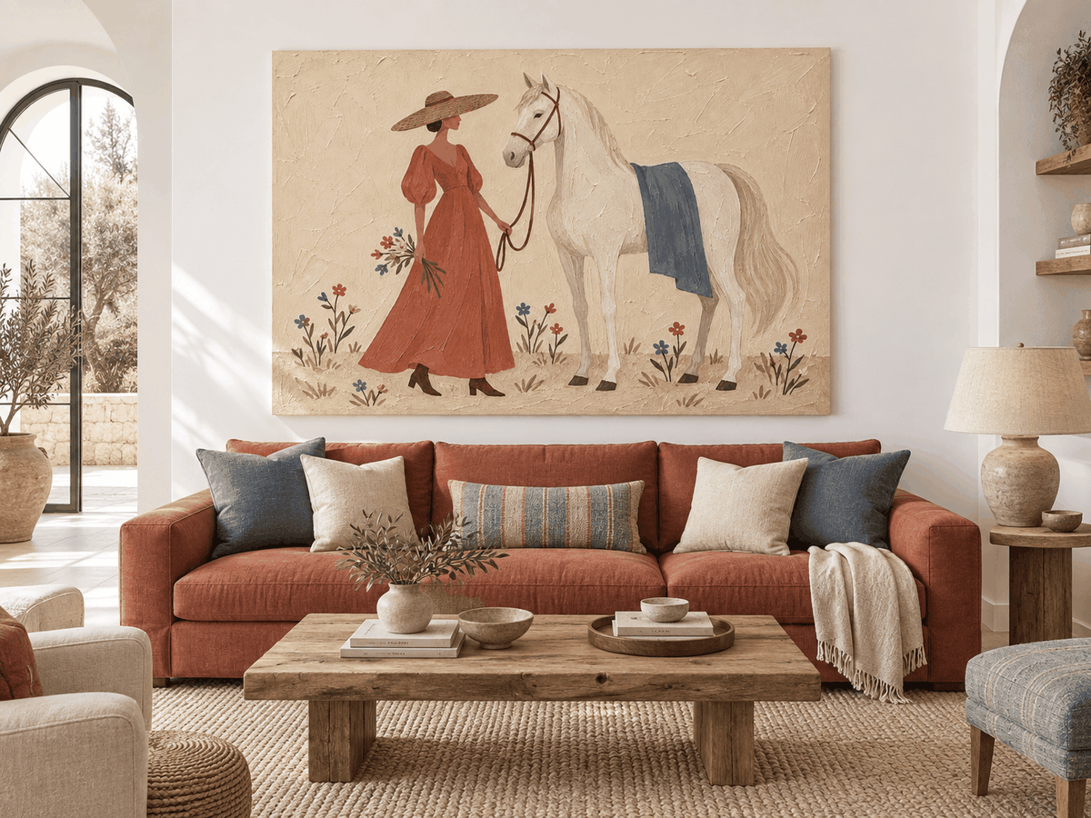 Woman With White Horse Hand-Painted Canvas Art In Vintage Red Dress