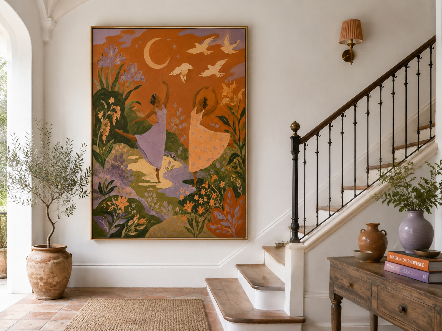 Surreal Night Garden Dance Painting Art Deco Style Handmade Canvas Artwork