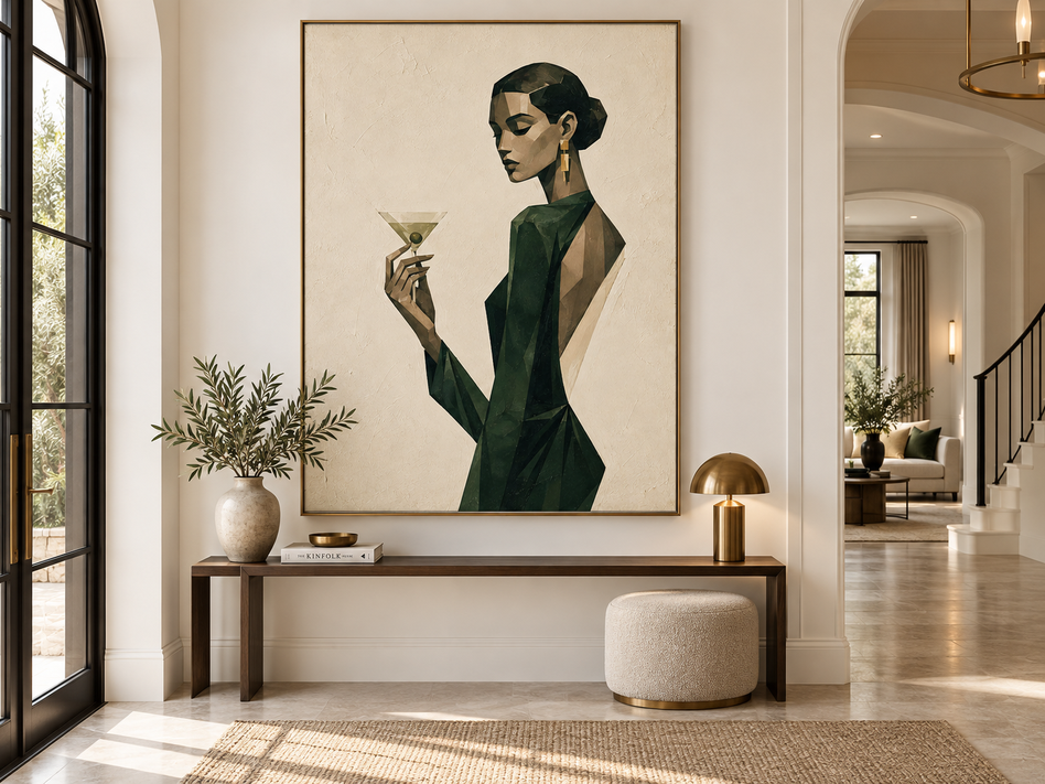 Vintage Woman With Martini Geometric Canvas Painting In Green And Beige