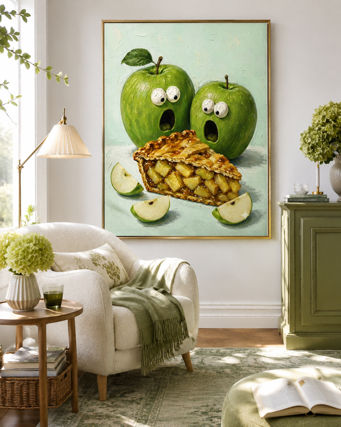 Whimsical Green Apple Pie Painting Abstract Food Art For Modern Kitchen Wall Decor