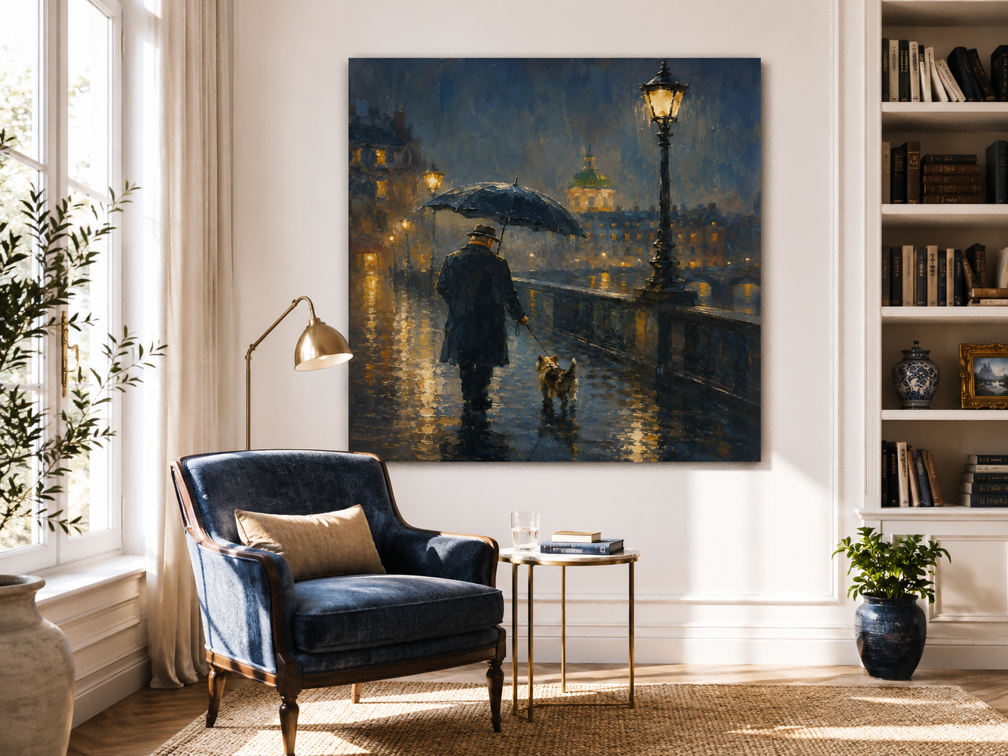 Romantic Impressionist City Night Painting With Man And Dog Under Streetlamp For Living Room Decor