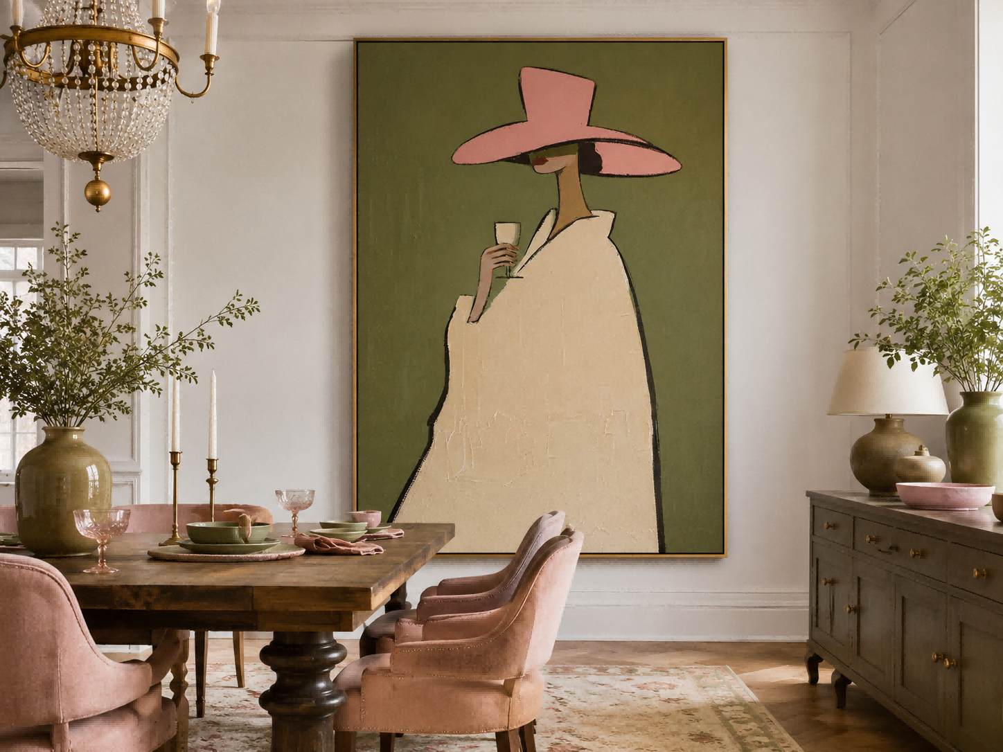 Original Oil Painting Of Elegant Lady With Wine Glass On Canvas
