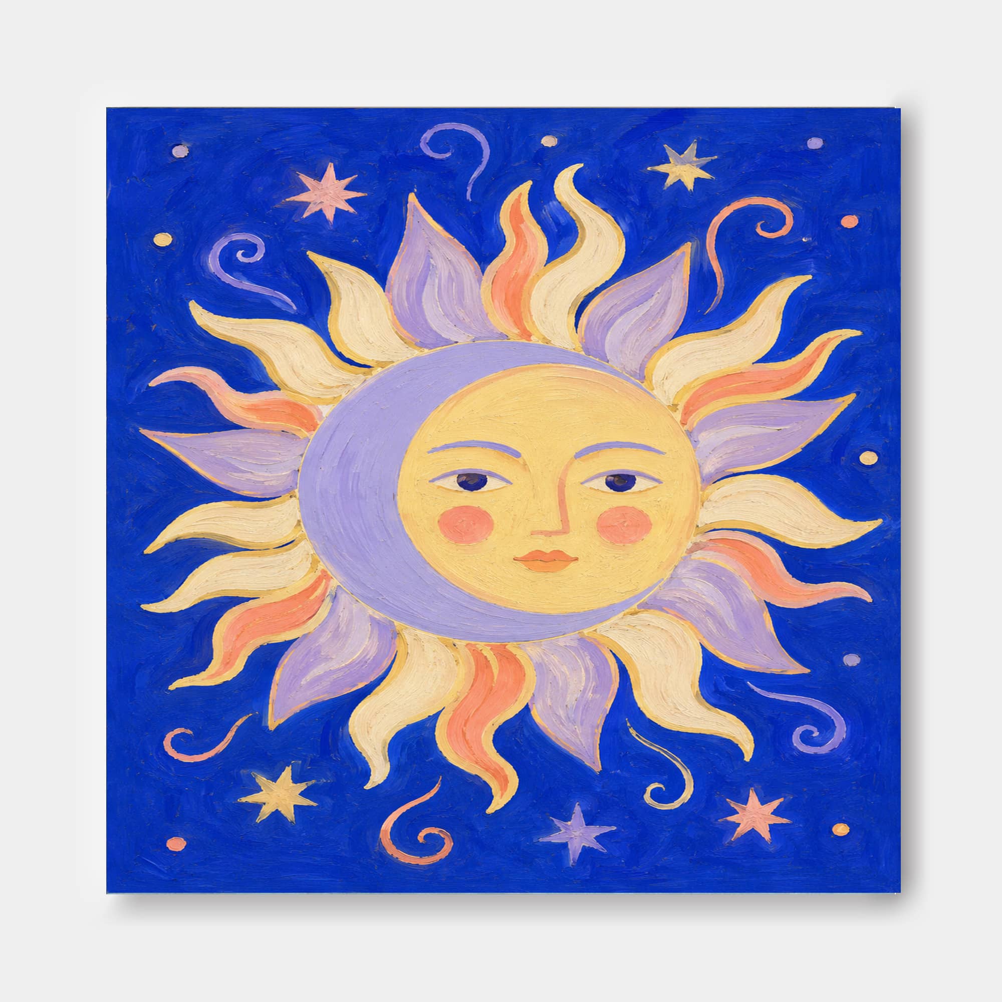 Art Deco Inspired Fantasy Sun Moon Painting With Cosmic Theme