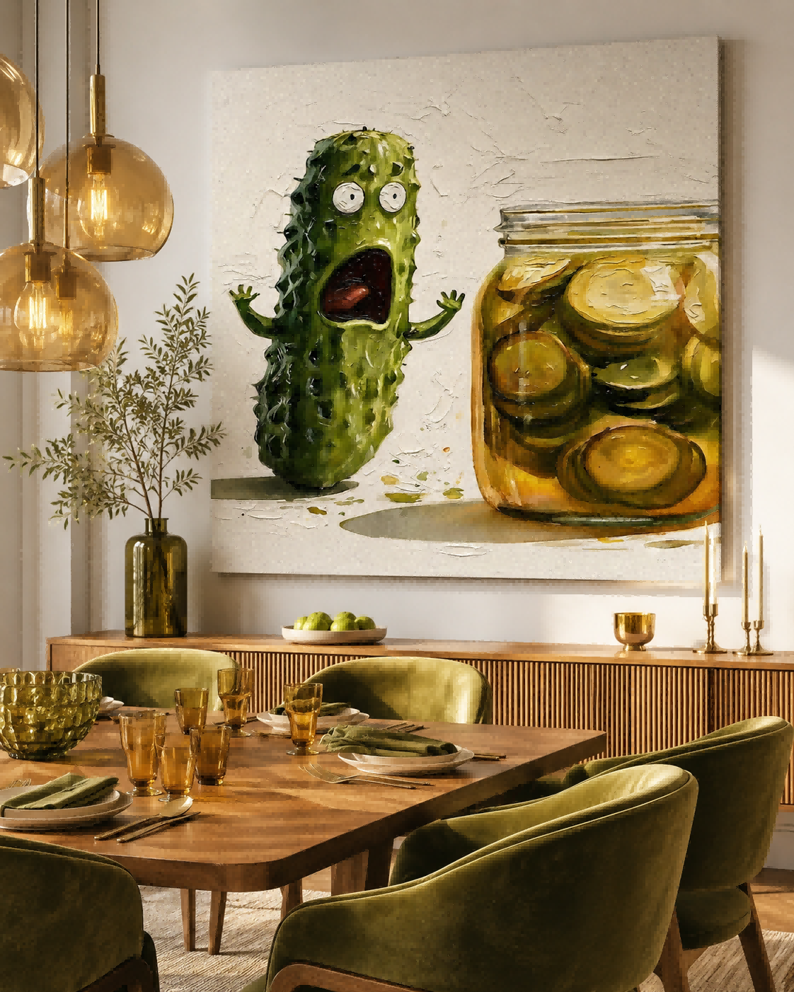 Anthropomorphic Food Art Canvas Print Featuring Scared Cucumber Character