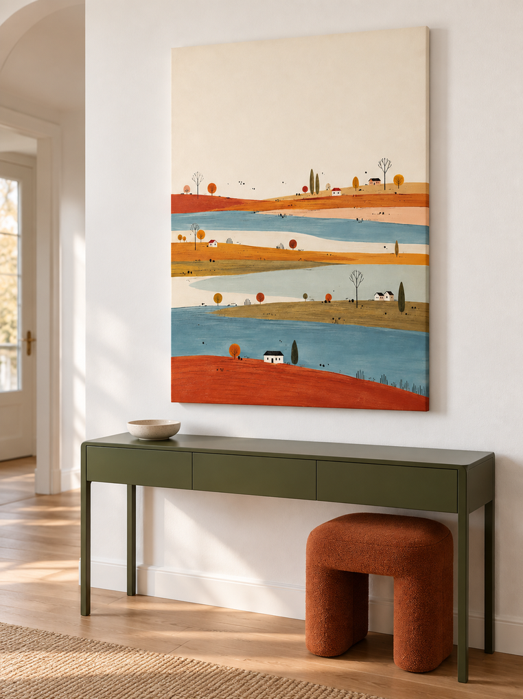 Naive Art Style Oil Painting Creamy Beige And Rustic Autumn Landscape Canvas