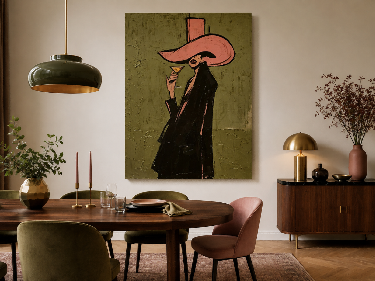 Chic Lounge Wall Art Featuring Elegant Lady Holding Cocktail Glass In Modern Retro Style
