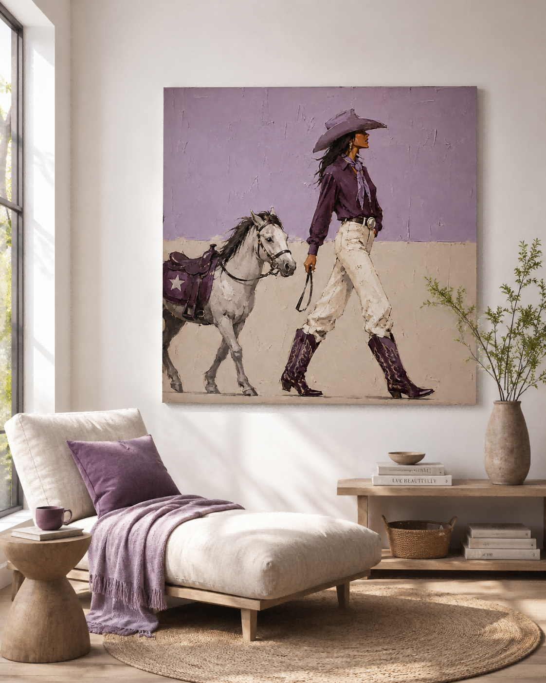 Modern Western Cowgirl Art With Horse Purple Beige Square Canvas For Living Room Decor
