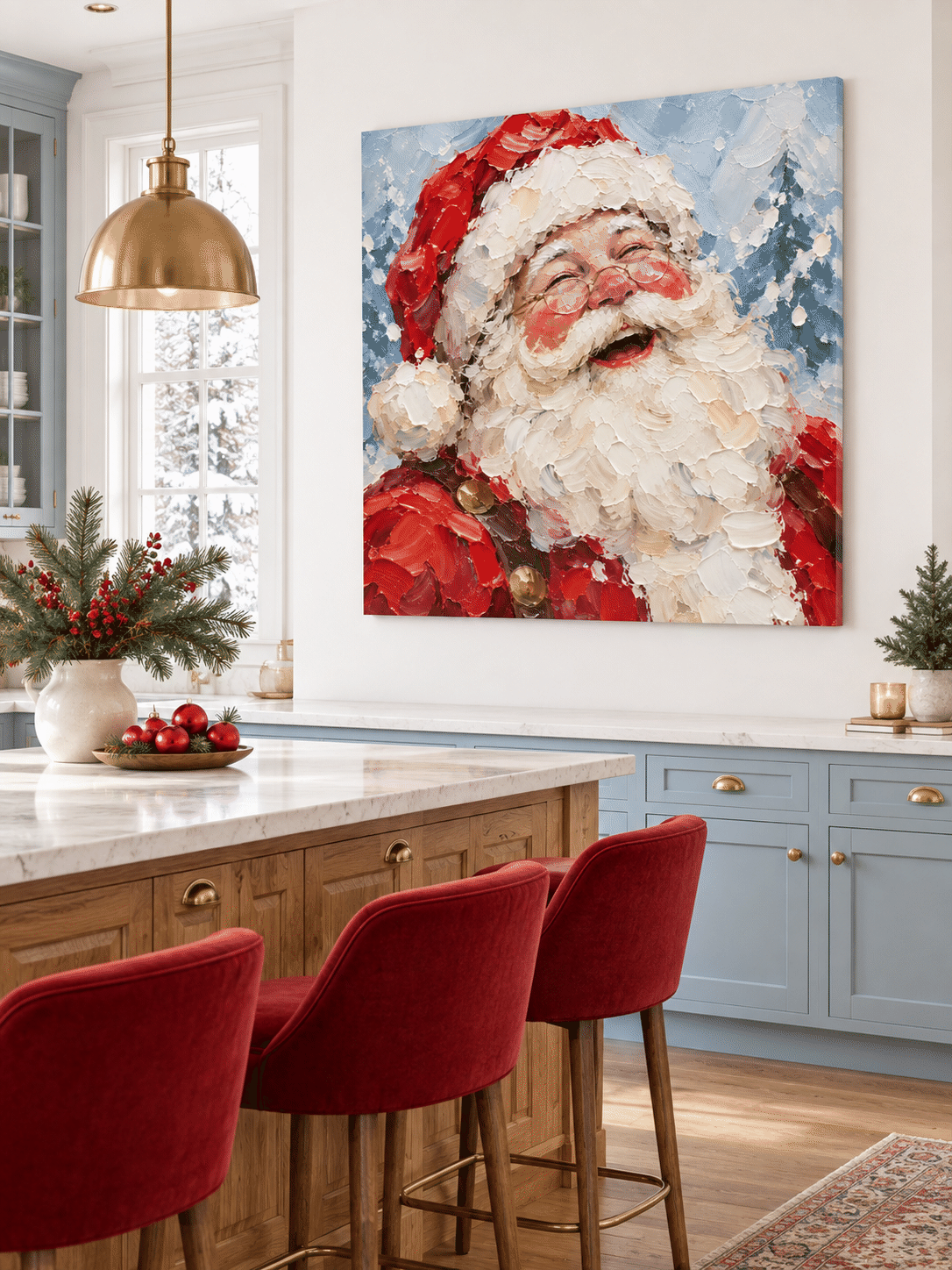 Hand-Painted Laughing Santa Portrait With Textured Red And Blue Canvas Art