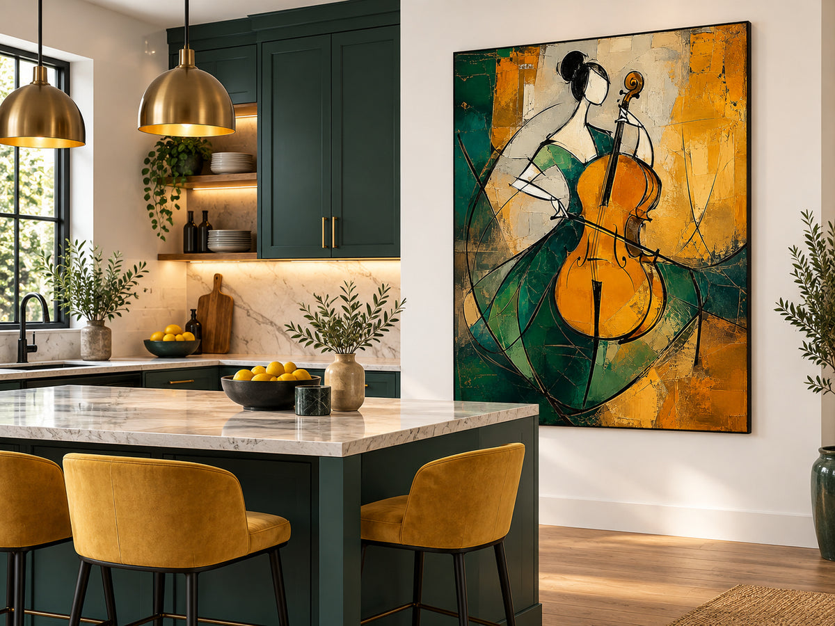 Cubist Style Minimalist Oil Painting With Textured Emerald And Gold Tones