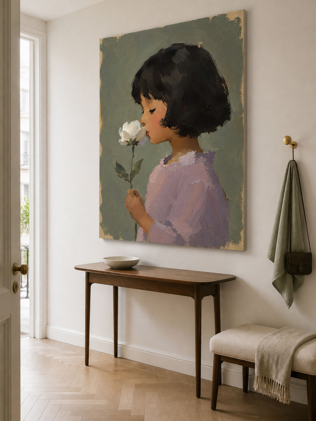 Modern Impasto Style Art Of Girl With Flower In Sage Green Tones