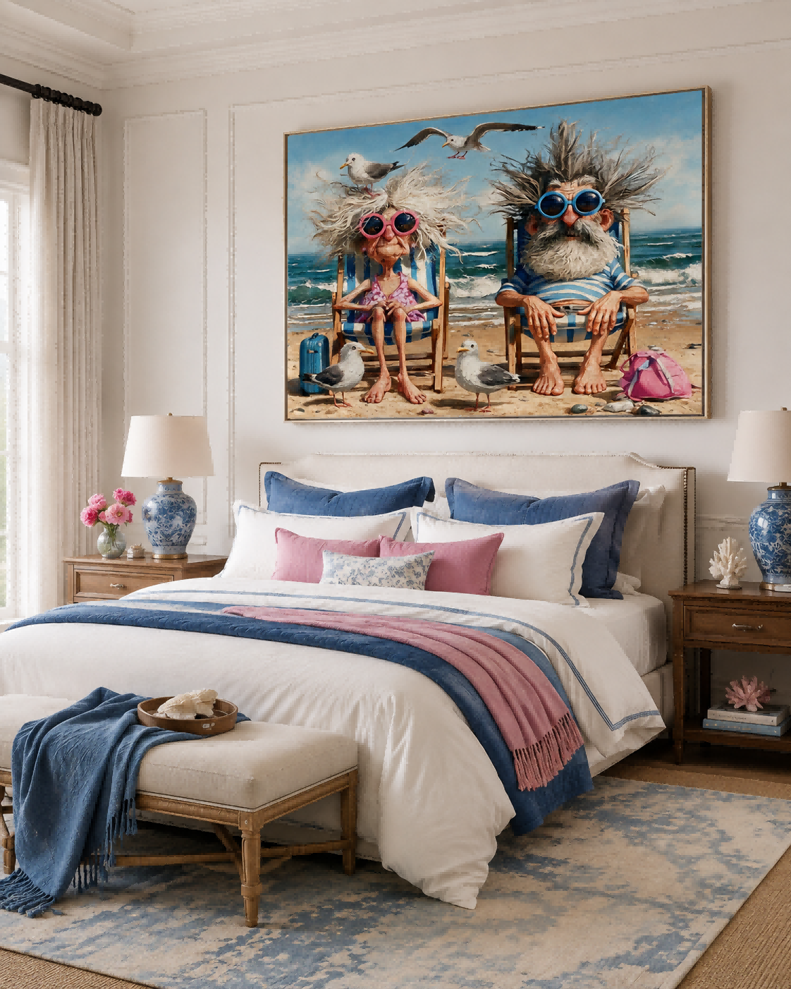 Retro Vintage Style Funny People Painting With Blue Sky And Ocean Waves