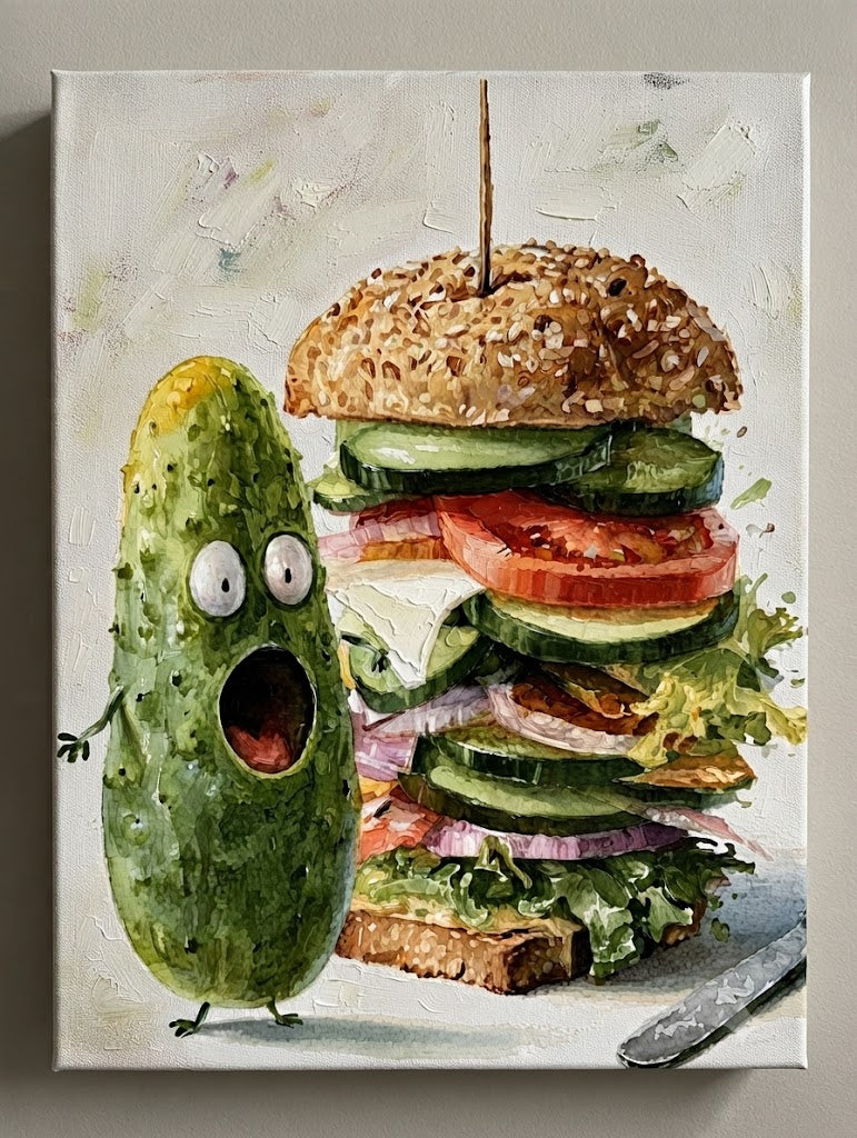 Whimsical Pickle And Sandwich Food Art For Modern Kitchen Wall Decor