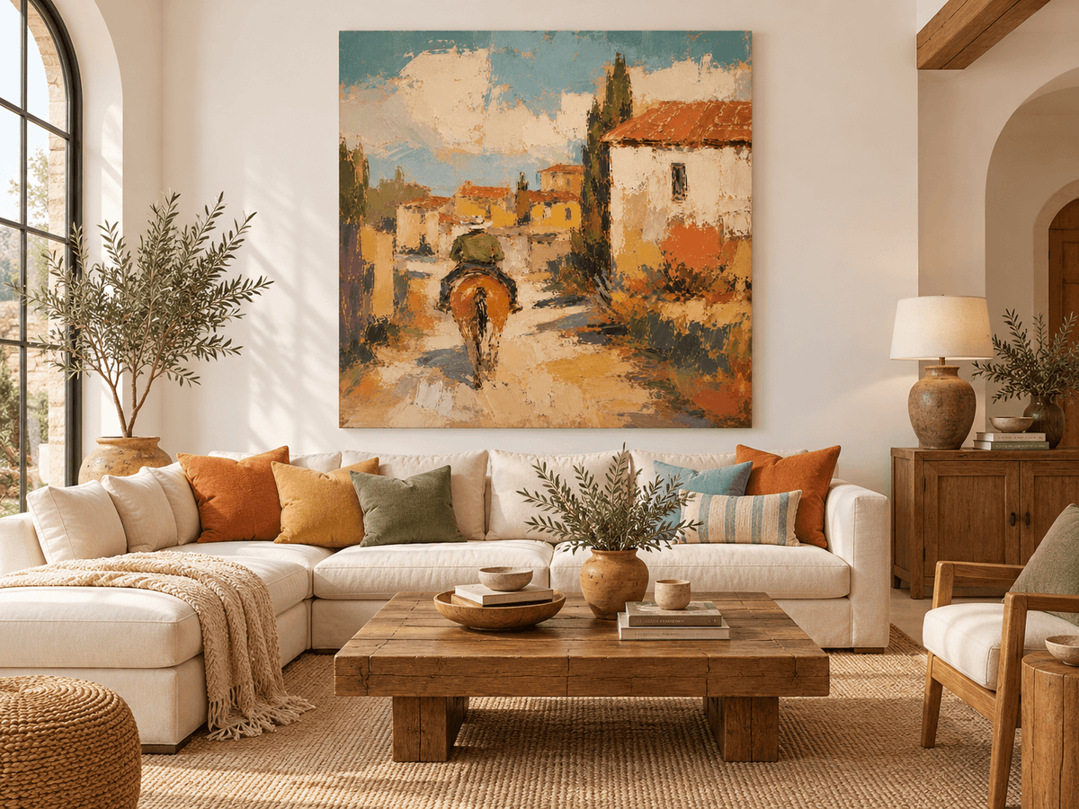 Impressionist Tuscan Style Painting Warm Tones Textured Square Canvas