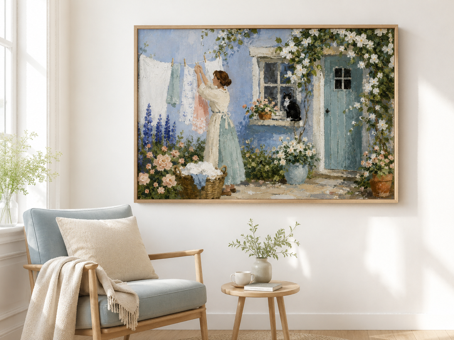 Woman Hanging Laundry With Cat In Blue Cottage Garden Hand-Painted Canvas Art
