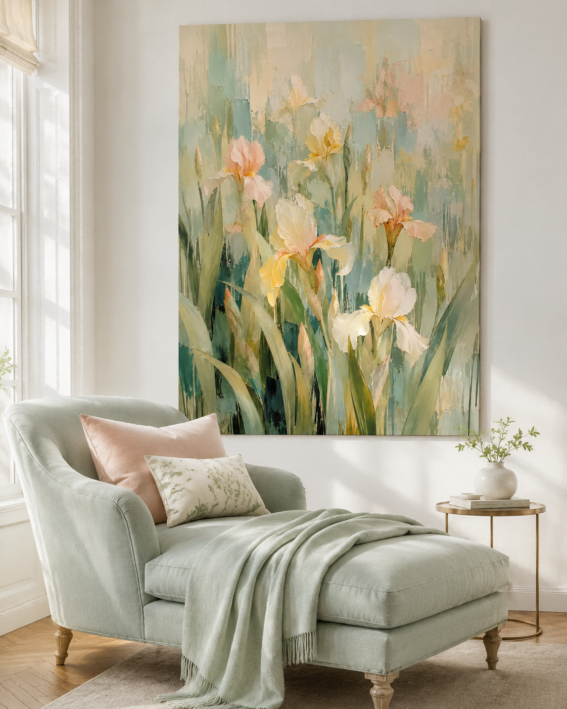 Abstract Champagne Iris Flower Canvas Painting Hand-Painted Wall Art Modern Impasto Abstract Art With Warm Beige Tones Original Canvas
