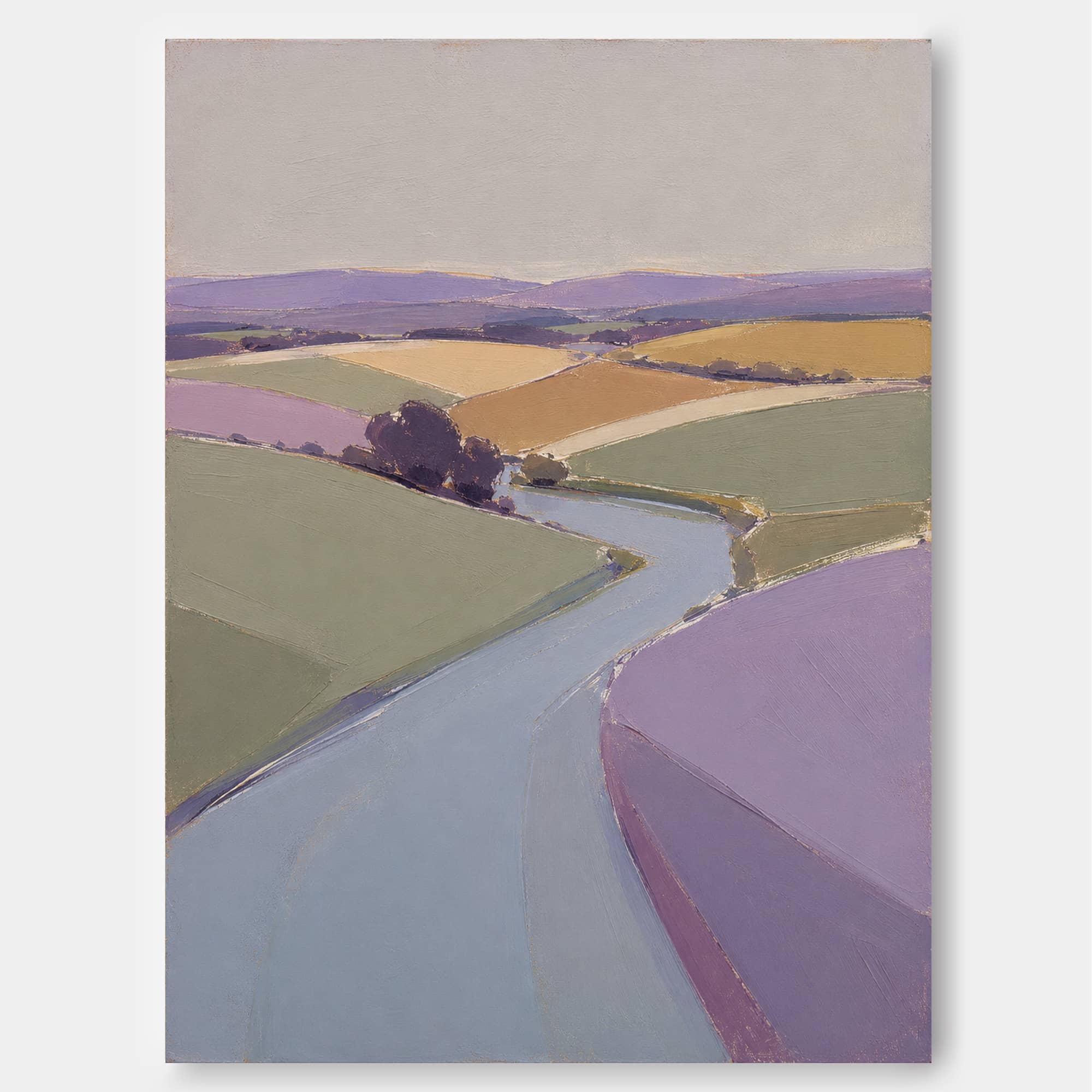 Geometric Abstract Art Canvas Featuring Serene Purple And Green Countryside Scene