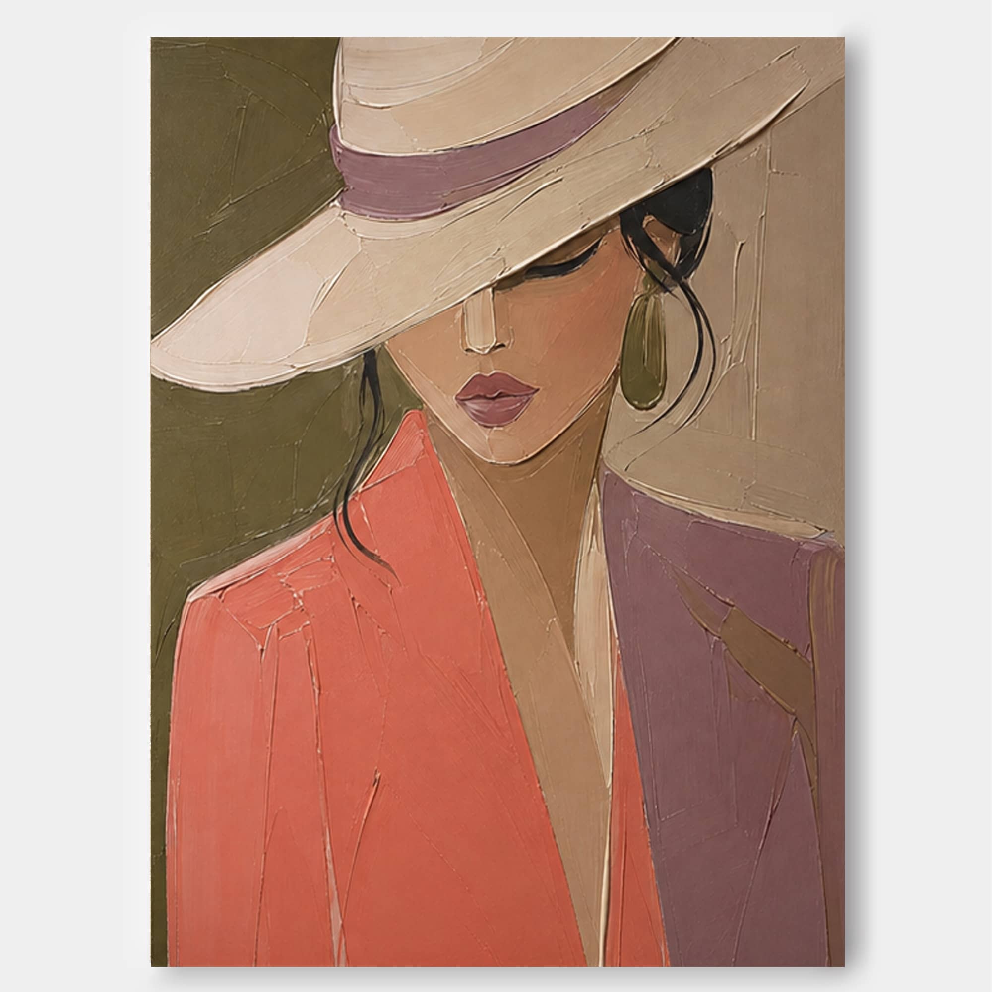 Modern Abstract Woman Portrait Painting With Hat Impasto Texture Square Canvas Art For Living Room