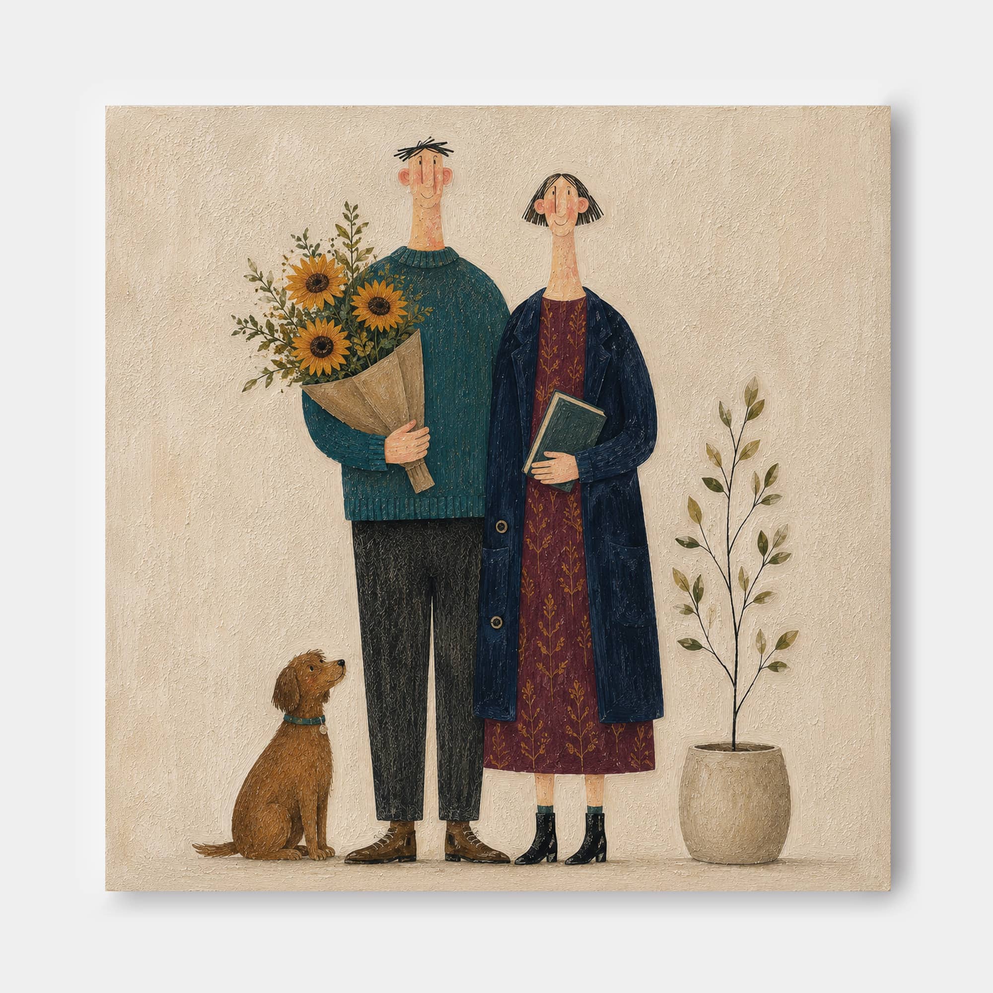 Square Organic Modern Art Featuring Couple And Pet In Earthy Colors Ideal For Bedroom Or Reading Nook Decoration