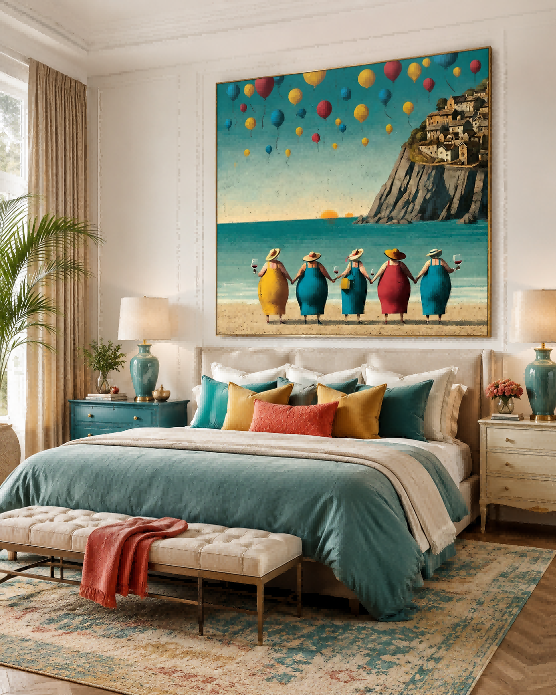 Vibrant Colorful Square Canvas Art Of Coastal Sunset And Friends