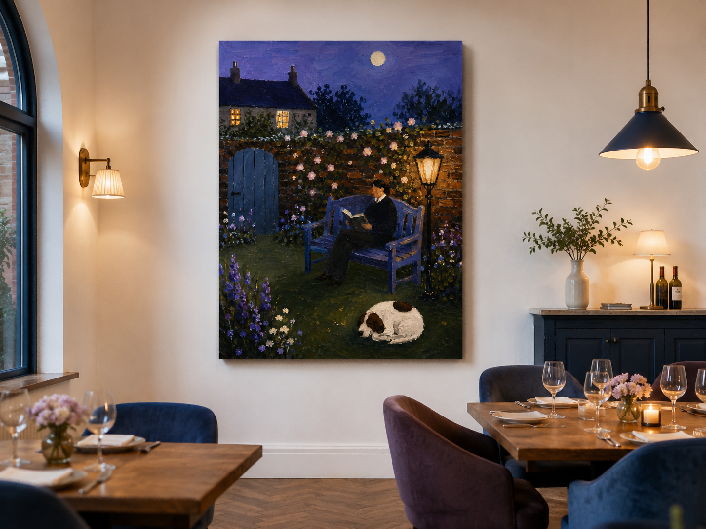 Moonlit Garden Reader With Sleeping Dog Hand-Painted Canvas Art